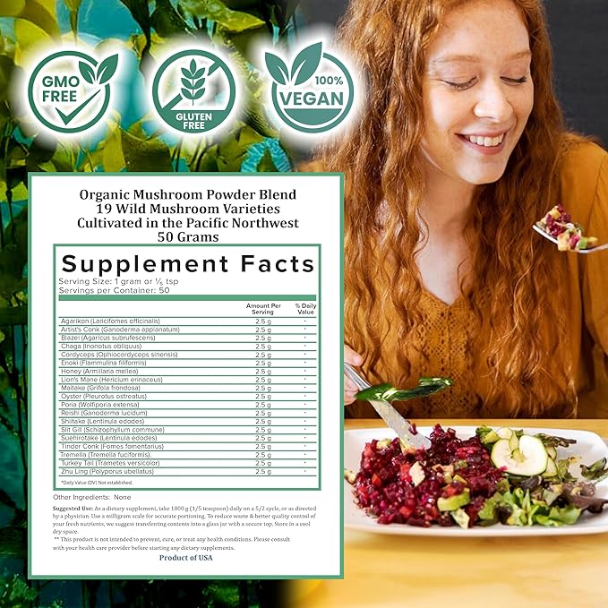 Holistic Bin Mushroom Blend Powder – 19 Wild Harvested Varieties (Lion's Mane, Reishi, Enoki, Mesima, Turkey Tail, Cordyceps, & More) – Adaptogenic Mushrooms – Made in The USA – 50 Grams