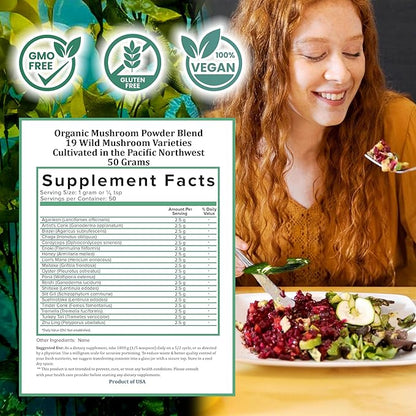 Holistic Bin Mushroom Blend Powder – 19 Wild Harvested Varieties (Lion's Mane, Reishi, Enoki, Mesima, Turkey Tail, Cordyceps, & More) – Adaptogenic Mushrooms – Made in The USA – 50 Grams