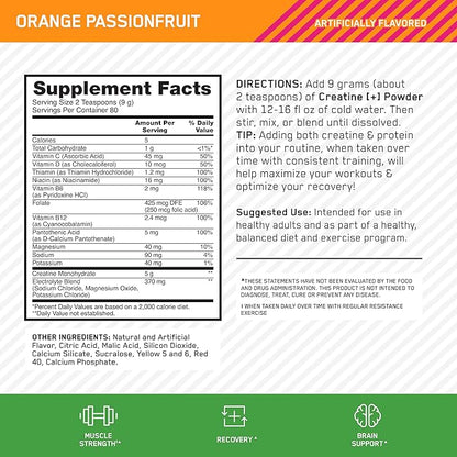 Optimum Nutrition Creatine Monohydrate Plus Powder, Orange Passionfruit Flavored Creatine Performance Blend With Electrolytes for Hydration, Added Vitamins, 80 Servings, 720 Grams (Packaging May Vary)