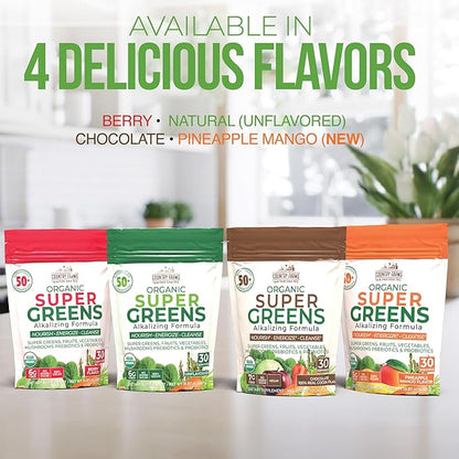 COUNTRY FARMS Super Greens Natural Flavor, 50 Organic Super Foods, USDA Organic Drink Mix (Wheat Grass, Spirulina, Chlorella) Mushrooms & Probiotics, Fiber, Gut Health, Natural Energy, 30 Servings