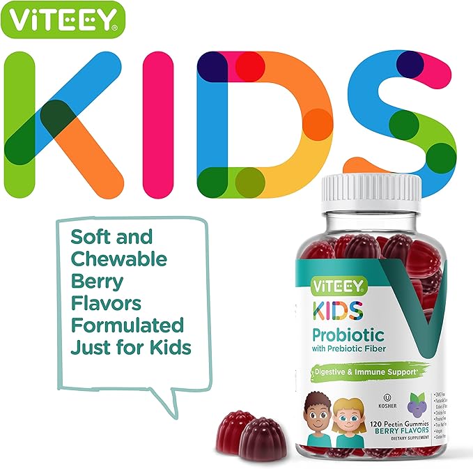 Probiotic Gummies for Kids Plus Prebiotics Fiber - 2 Billion CFUs - Digestive Health,Gut Health, Constipation Relief for Kids Support - Vegan, Gelatin Free - Chewable Probiotic Berry Flavored Gummy