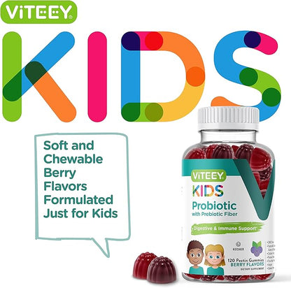 Probiotic Gummies for Kids Plus Prebiotics Fiber - 2 Billion CFUs - Digestive Health,Gut Health, Constipation Relief for Kids Support - Vegan, Gelatin Free - Chewable Probiotic Berry Flavored Gummy