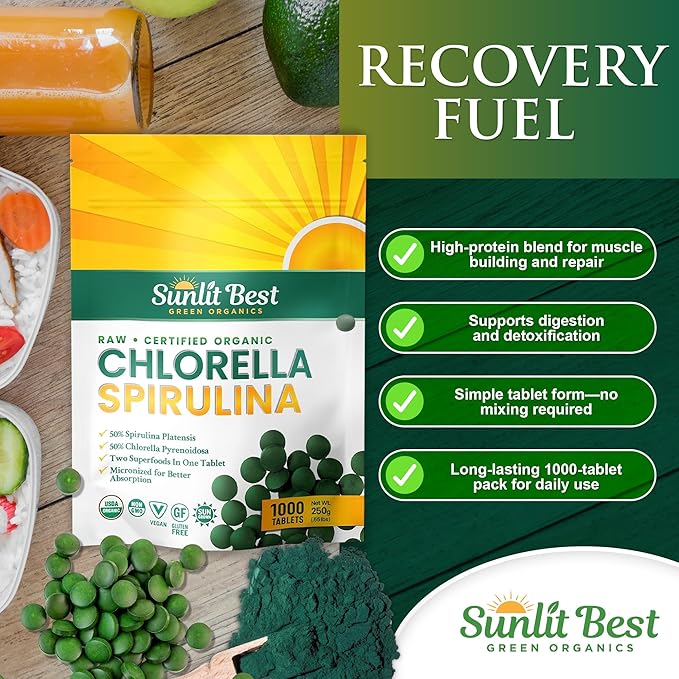 Sunlit Best Chlorella Spirulina Tablets - Organic USDA, Premium Spirulinas and Chlorella Capsules 1000 Pills - Chlorellas Natural Superfood with Spirulina Algae, Enzymes Chlorophyll & Vegan Protein