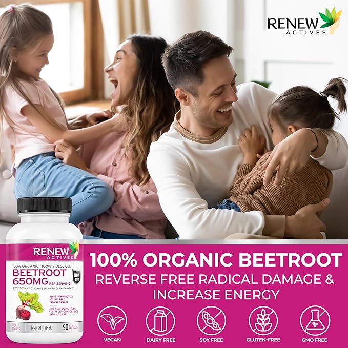 Renew Actives Organic Beetroot Supplement 1300MG per 2 Capsules - Pure Beetroot Powder for Circulation, Natural Energy, & Antioxidant Benefits - High-Potency Superfood, Made in Canada - 90 Capsules