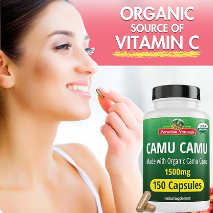 Peruvian Naturals Organic Vitamin C from Camu Camu Capsules 1,500mg per Serving - 150 Vegan Pills, Natural Whole Food VIT C, from Raw Berry Organic, Non-GMO Supplement