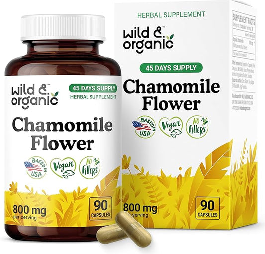 Wild & Organic Chamomile Capsules 800 mg - Relaxation & Digestive Support - Herb Chamomile Powder Supplement - Matricaria Recutita Flower - Vegan, No Fillers, Non-GMO - 90 Count