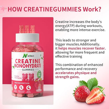 Creatine Monohydrate Gummies 5000mg for Men & Women, Chewables Creatine Monohydrate for Muscle Strength, Muscle Builder, Energy Boost, Pre-Workout Supplement-90 Strawberry Gummies