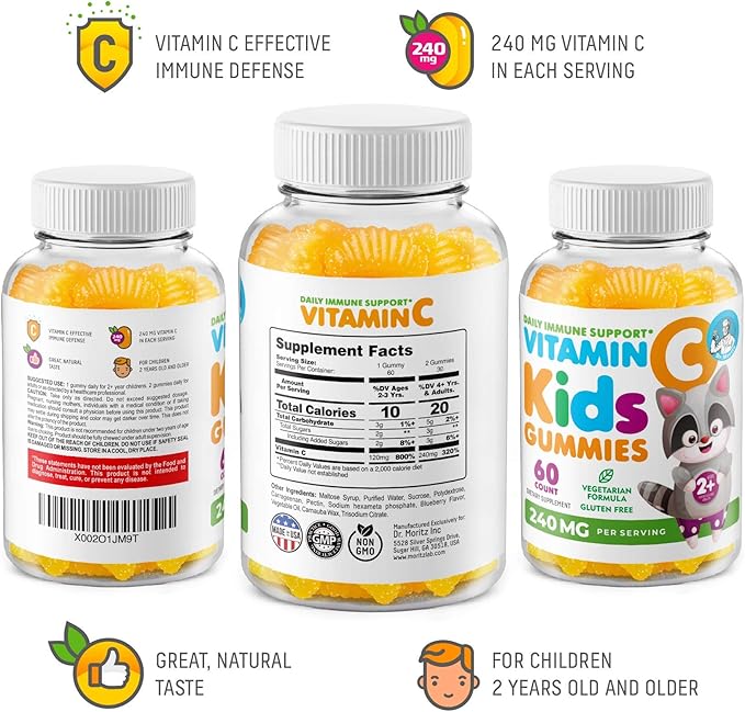 Omega 3 DHA Gummies and Vitamin C Gummies for Kids & Adults - Immune Support Low-Sugar Chewable Gummy Vitamins for Toddlers - Vegetarian Gelatin-Free Children's Supplement