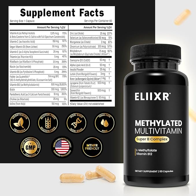 Eliixr Methylated Multivitamin Supplement for Men and Women with Active Methyl B12 and 5-MTHF Methylfolate 60 Vegetable Capsules Iron Free Made in The USA