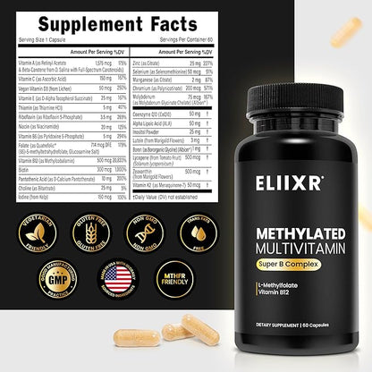 Eliixr Methylated Multivitamin Supplement for Men and Women with Active Methyl B12 and 5-MTHF Methylfolate 60 Vegetable Capsules Iron Free Made in The USA