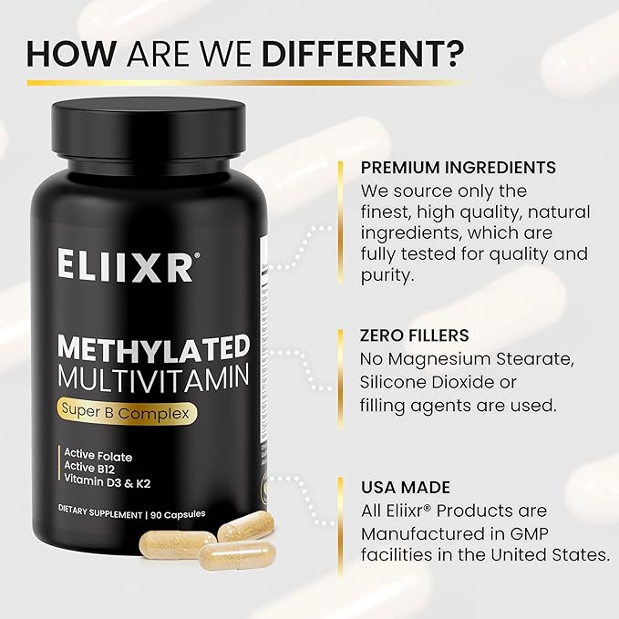 Eliixr Methylated Multivitamin Supplement for Men and Women with Active Methyl B12 and 5-MTHF Methylfolate 90 Vegetable Capsules Iron Free Made in The USA