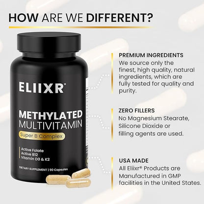 Eliixr Methylated Multivitamin Supplement for Men and Women with Active Methyl B12 and 5-MTHF Methylfolate 90 Vegetable Capsules Iron Free Made in The USA