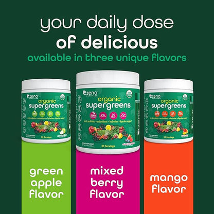 Organic Super Greens Powder, 70+ Superfoods, 0 Sugar, 3G Fiber, Spirulina, Chlorella, Antioxidants, Prebiotics/Probiotics, Digestive Enzymes, Green Apple, 30 Servings