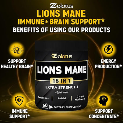Zolotus Lions Mane Mushroom Capsules with Cordeyceps, Elderberry, Ginkgo Biloba, Bacopa - 60 Capsules
