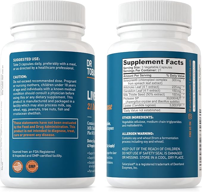 Dr. Tobias Liver 21 Day Cleanse, Herbal Liver Detox Cleanse with Solarplast, Artichoke, Milk Thistle & Dandelion Extract, 63 Vegetable Capsules (3 Daily)