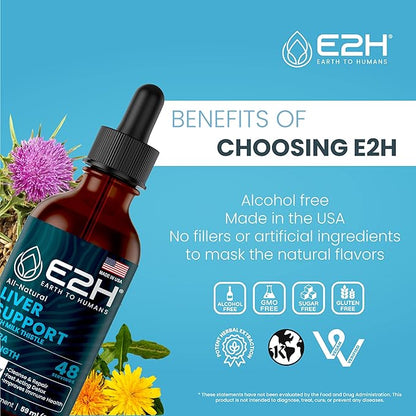 E2H Liver Support Supplement with Milk Thistle - Liver Health Formula - Artichoke Extract, Dandelion Root, Chanca Piedra, and More - Absorbent Liquid Formula (2 Bottles)