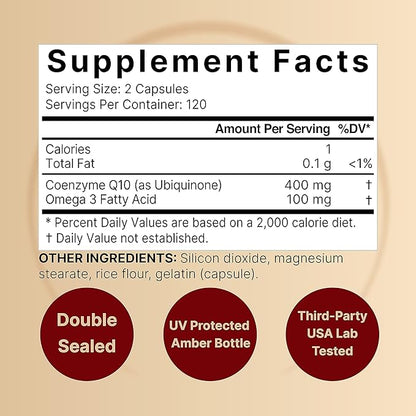NatureBell CoQ10 400mg with Omega 3 Fatty Acids, 240 Capsules | Stable High Absorption Form – Antioxidant Support for Heart & Energy Health – Extra Strength Coenzyme Q10 Supplement