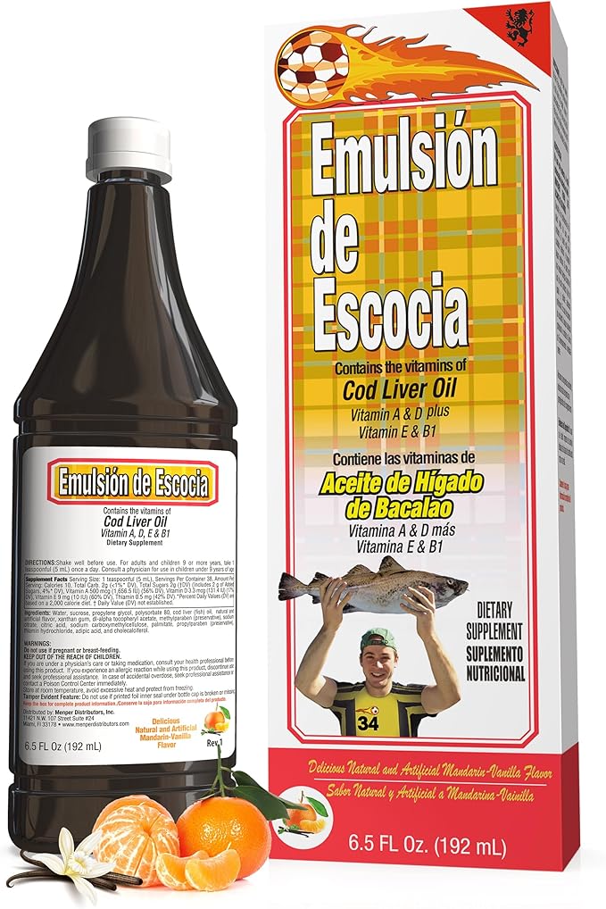 Cod Liver Oil Liquid Supplement with Vitamins A, D, E & B1 | Natural Fish Oil for Kids & Women | Mandarin-Vanilla Flavor | Omega 3 Dietary Support | 6.5 oz 1-Pack