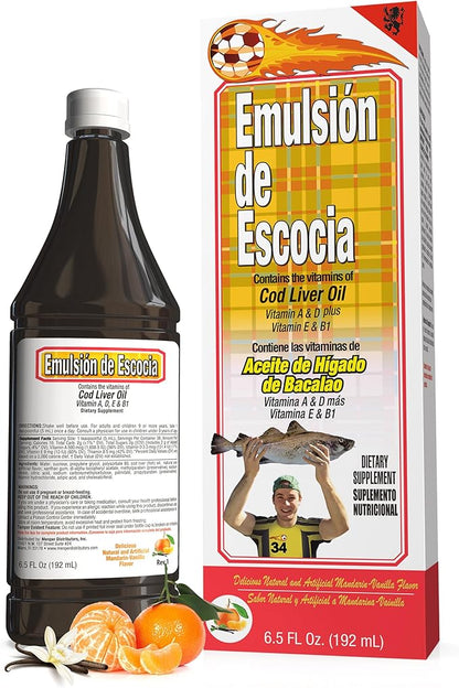 Cod Liver Oil Liquid Supplement with Vitamins A, D, E & B1 | Natural Fish Oil for Kids & Women | Mandarin-Vanilla Flavor | Omega 3 Dietary Support | 6.5 oz 1-Pack