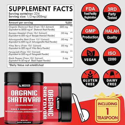 6in1 Shatavari Powder Organic - Blended with Shatavari Root, Bacopa Monnieri, Ashwagandha Root, Vitex Berry, Fenugreek & Black Pepper - Supports Rejuvenation, Promotes Energy & Vitality - 4 Oz