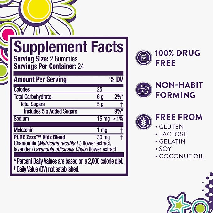 VICKS PURE Zzzs Kidz, Melatonin Sleep Aid Gummies for Kids and Children, Helps Your Child Fall Asleep Naturally, Low Dose Melatonin, 48 Gummies
