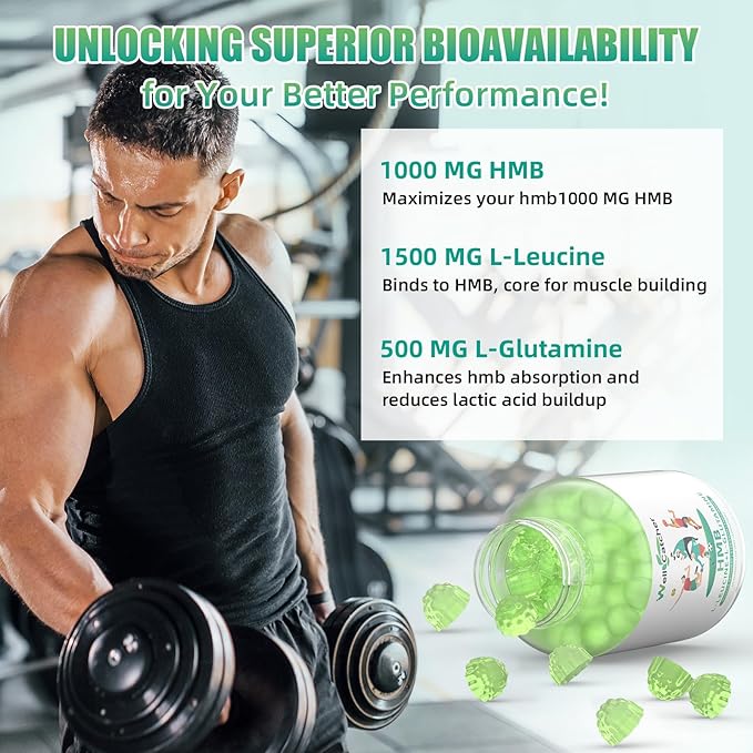 HMB And Leucine Supplements Gummies: HMB Supplements for Men Women with Leucine Amino Acid L-Glutamine Support Muscle Growth Relief Fast Workout Recovery Sugar Free Vegan Apple Flavor 30 Day Supply