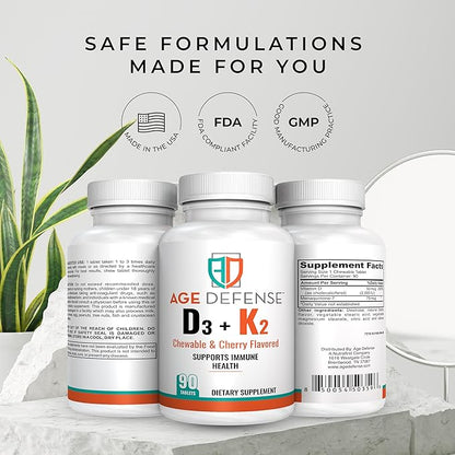 Vitamin D3 2000 IU with K2-90 Chewable Tablets with Cherry Flavoring-Natural Energy Booster-Supports Vitality, Immune Health, & Overall Wellness-Vitamin D3 with Vitamin K2 for Men & Women