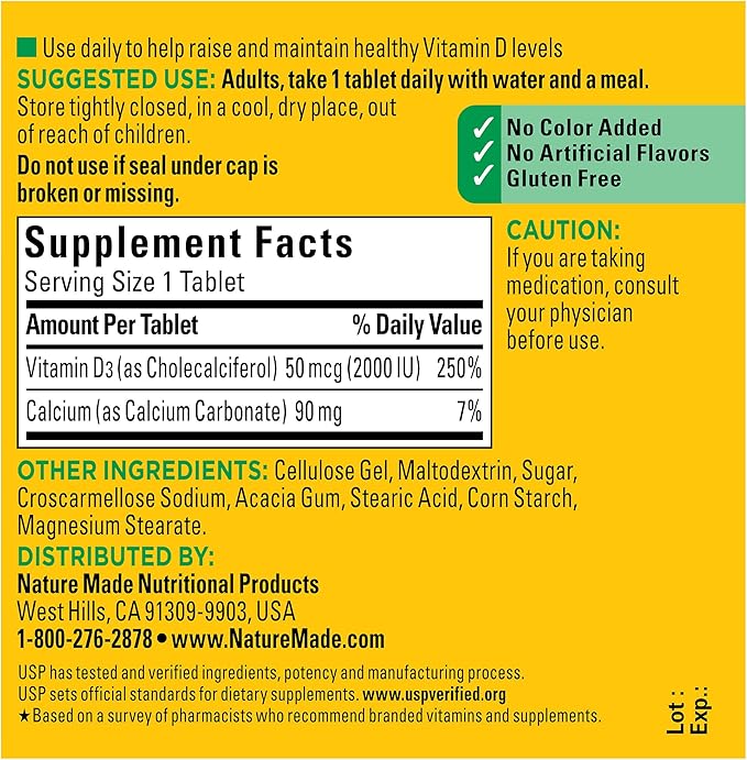 Nature Made Vitamin D3 2000 IU (50 mcg), Dietary Supplement for Bone, Teeth, Muscle and Immune Health Support, 100 Tablets, 100 Day Supply (Pack of 2)