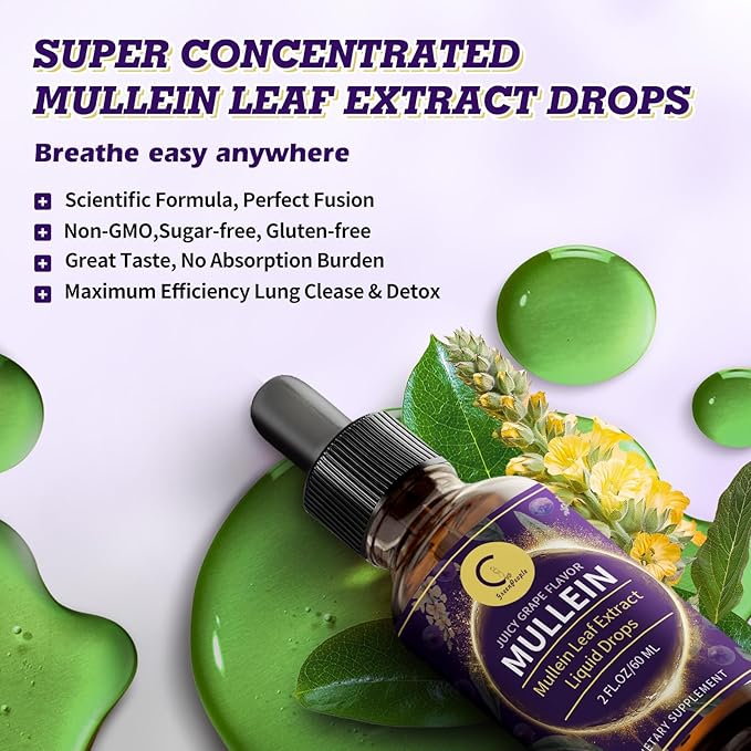 Mullein Leaf Extract Drops for Lungs - Lung Cleanse & Detox, Natural Mullein Leaf Liquid Drops, Support for Respiratory, Immune, Digestive System, Vegan, Non-GMO, Grape Flavor, 2 FL OZ
