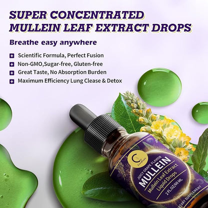 Mullein Leaf Extract Drops for Lungs - Lung Cleanse & Detox, Natural Mullein Leaf Liquid Drops, Support for Respiratory, Immune, Digestive System, Vegan, Non-GMO, Grape Flavor, 2 FL OZ