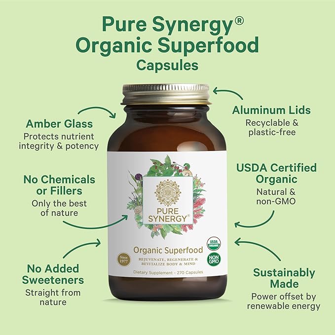 PURE SYNERGY Superfood Capsules | Organic Superfood & Greens Supplement | Whole Foods Like Super Greens, Spirulina, & Mushrooms | for Energy, Healthy Aging & Immune Health (270 Capsules)