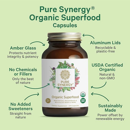 PURE SYNERGY Superfood Capsules | Organic Superfood & Greens Supplement | Whole Foods Like Super Greens, Spirulina, & Mushrooms | for Energy, Healthy Aging & Immune Health (270 Capsules)