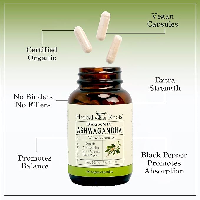 Herbal Roots Ashwagandha Capsules | Extra Strength 1,000mg per Serving | Ayurvedic for Overall Health for Men and Women | 60 Vegan Capsules