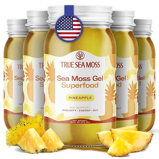 TrueSeaMoss Sea Moss Gel – Made in USA – Wildcrafted Seamoss, Fresh Fruits & Sea Vegetables – Pineapple, Pack of 5 (Labels may Vary)