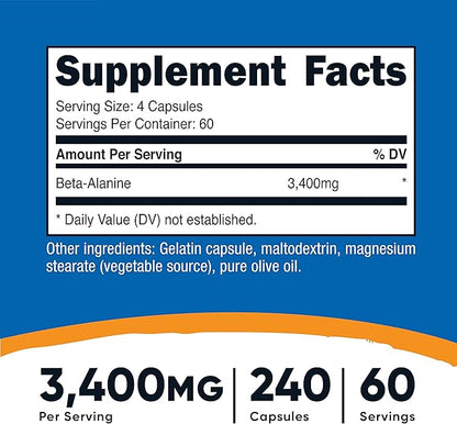 Nutricost Beta-Alanine Capsules 3400mg, 240 Caps (2 Pack) - Potent Beta Alanine, Gluten Free & Non-GMO, 850mg Per Cap, 60 Serv Per Bottle