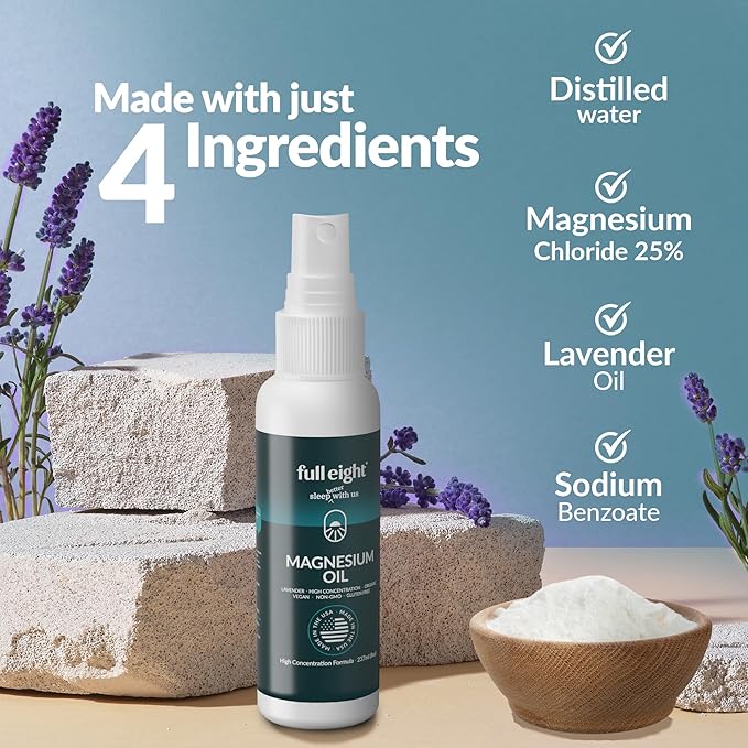 Pure Magnesium Oil Spray Bottle with Lavender - Topical Magnesium Body Spray for Feet, Muscle Pain, Leg Cramps & Sleep, Fast Absorption Natural & Organic - Made in USA, 8oz