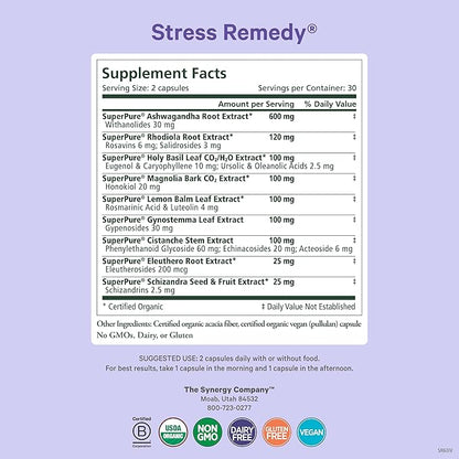 PURE SYNERGY Stress Remedy | Soothing Supplement with Ashwagandha | Organic Adaptogen Support from Rhodiola, Lemon Balm, and Holy Basil | for Stress Relief, Adrenal Health, and Mood (60 Capsules)