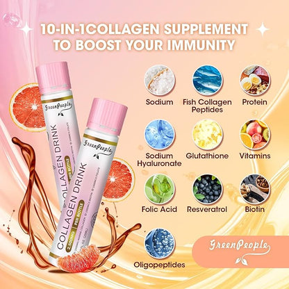 Liquid Collagen for Women & Men, 2500mg Fish Collagen Peptides + Hyaluronic Acid + Vitamin Bs & C, Hair Skin Nails Joints Bones Support (0.85 fl oz, 10 Bottles, Grapefruit)