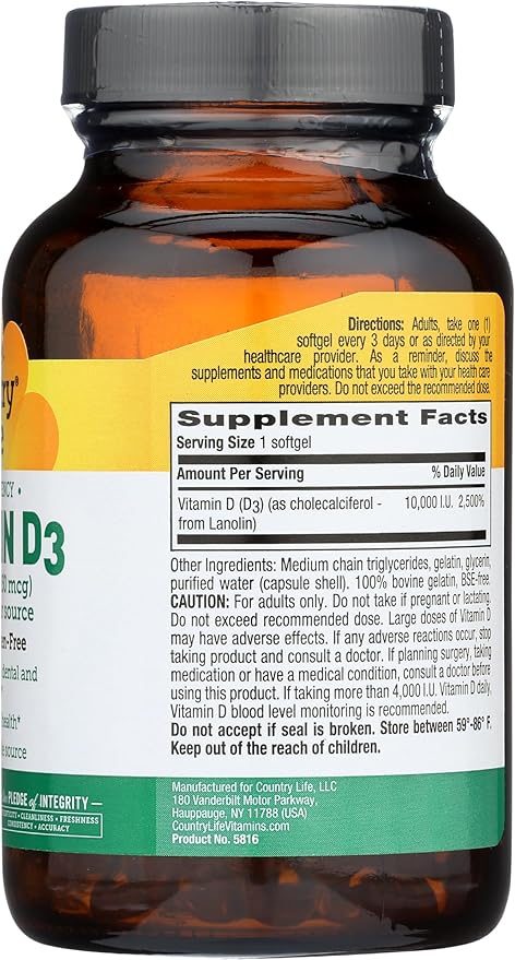 Country Life Vitamin D3, High Potency, Non-Fish, 10,000 IU, 200 Softgels, Certified Gluten Free
