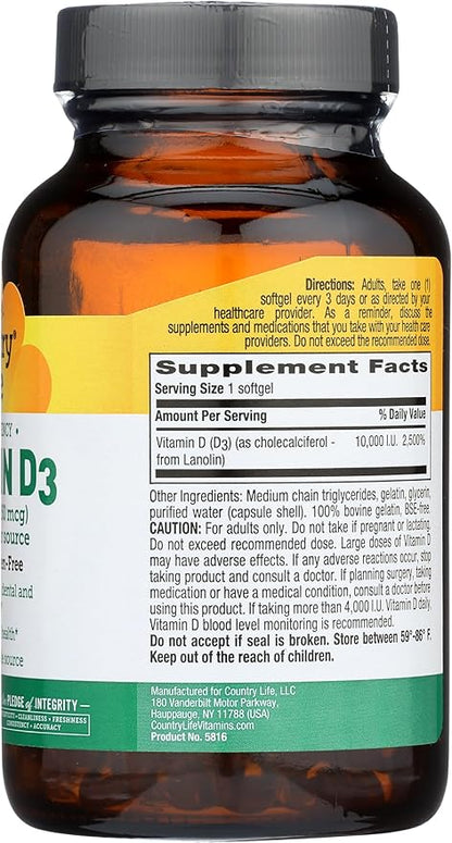 Country Life Vitamin D3, High Potency, Non-Fish, 10,000 IU, 200 Softgels, Certified Gluten Free