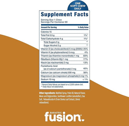 Bariatric Fusion Bariatric Calcium Chews | Calcium Citrate with Vitamin D3 Calcium Supplement Bariatric Vitamin | Sugar Free Calcium Citrate Chewable | Calcium Citrate 500mg | Vanilla | 60 Count