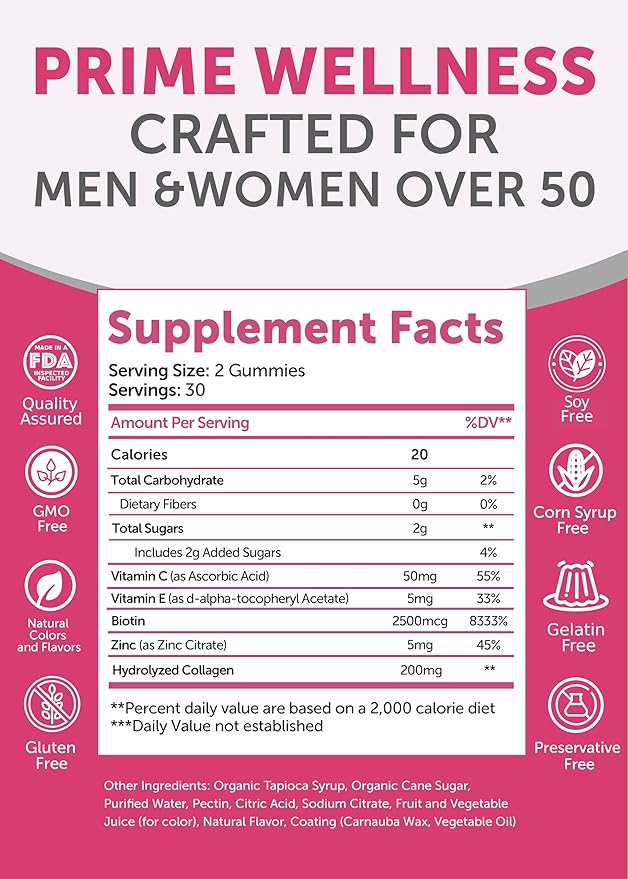 Lunakai USA Made Collagen Gummies for Women & Men Over 50, Biotin & Vitamin C, Supports Skin Elasticity, Hair & Nail Strength, Joint Support, 60ct
