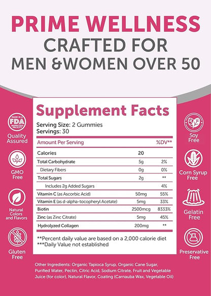 Lunakai USA Made Collagen Gummies for Women & Men Over 50, Biotin & Vitamin C, Supports Skin Elasticity, Hair & Nail Strength, Joint Support, 60ct