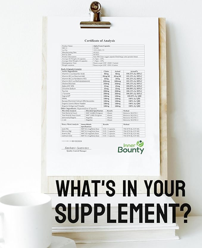 Focus 14-in-1 Nootropic Brain Supplement with Lions Mane, Alpha GPC Choline, Vitamin C & B12, Taurine, Bacopa - Energy, Cognitive, Memory Support, 60 Filler Free Capsules