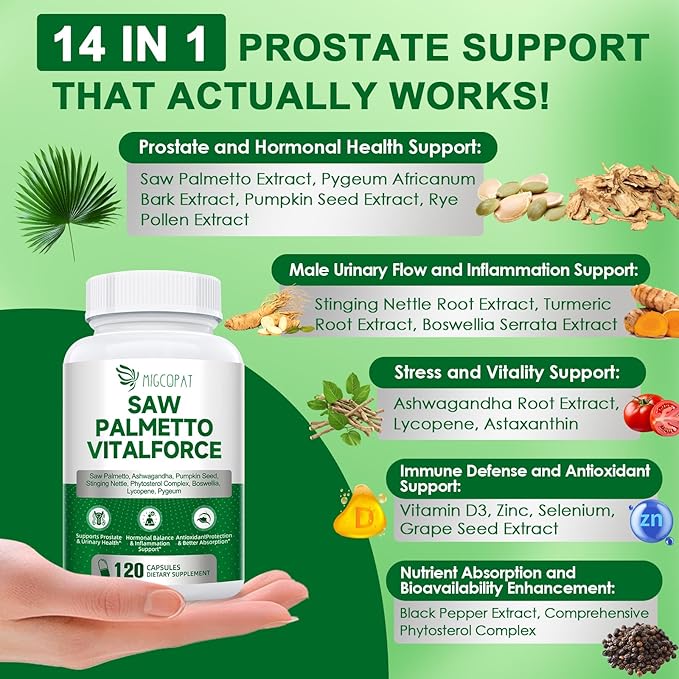 Saw Palmetto for Men - Prostate Support Supplement with Ashwagandha, Zinc, Pumpkin Seed, Lycopene & Stinging Nettle– Herbal Formula for Prostate, Urinary Wellness and Hormone Balance – 120 Capsules