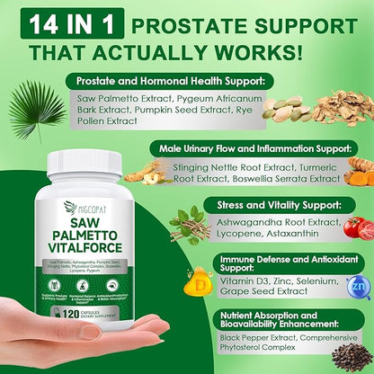 Saw Palmetto for Men - Prostate Support Supplement with Ashwagandha, Zinc, Pumpkin Seed, Lycopene & Stinging Nettle– Herbal Formula for Prostate, Urinary Wellness and Hormone Balance – 120 Capsules