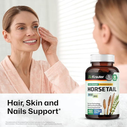 BIO KRAUTER Horsetail Herb Capsules - 800 mg Strength - 100 Count - Horsetail Powder Capsules - Hair Support