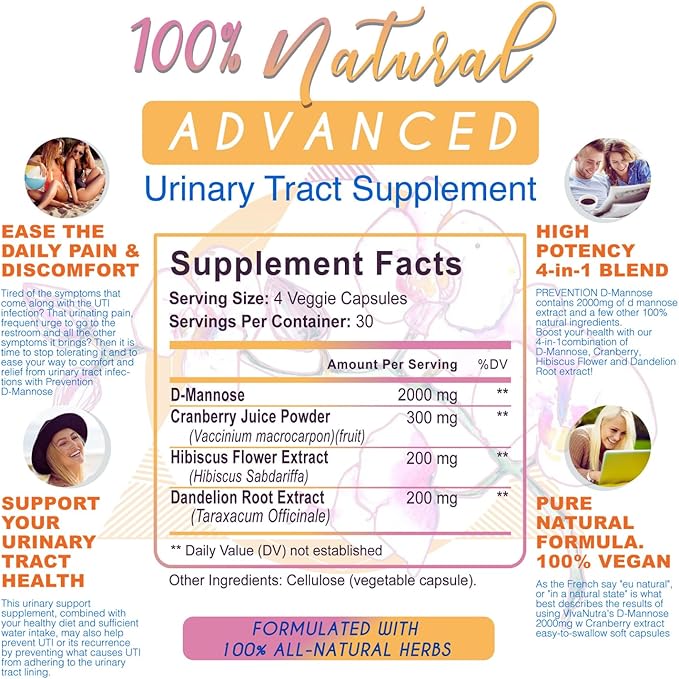 D Mannose Capsules 2000 MG Per Day - With Cranberry Pills for Urinary Tract Infection - Fast-Acting Pills For Bladder Health, UTI, Flush Impurities, d-mannose 4-in-1 Formula for men and women 120CT