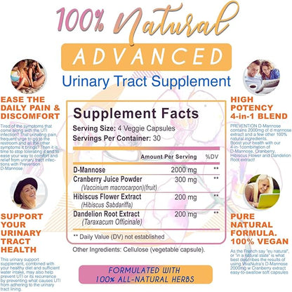 D Mannose Capsules 2000 MG Per Day - With Cranberry Pills for Urinary Tract Infection - Fast-Acting Pills For Bladder Health, UTI, Flush Impurities, d-mannose 4-in-1 Formula for men and women 120CT