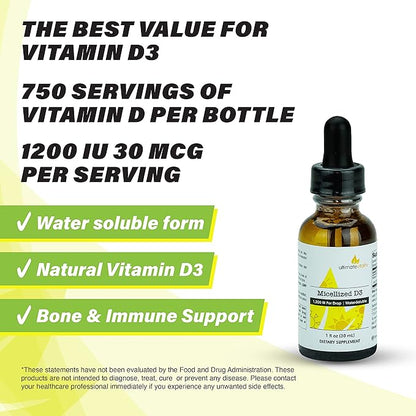 Micellized Vitamin D3 Liquid 750 Servings 1200 IU Per Drop, Best Value, Natural, Soy Free, Water Soluble - 1 Ounce